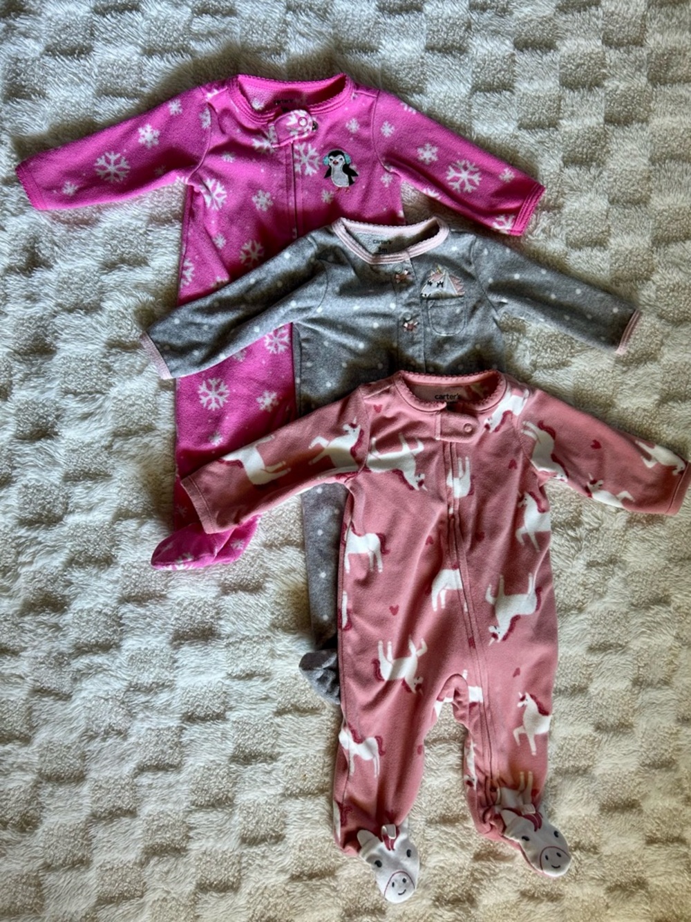 Carter's Pink and Gray Unicorn & Penguin Footie Sleepers (3-Pack)